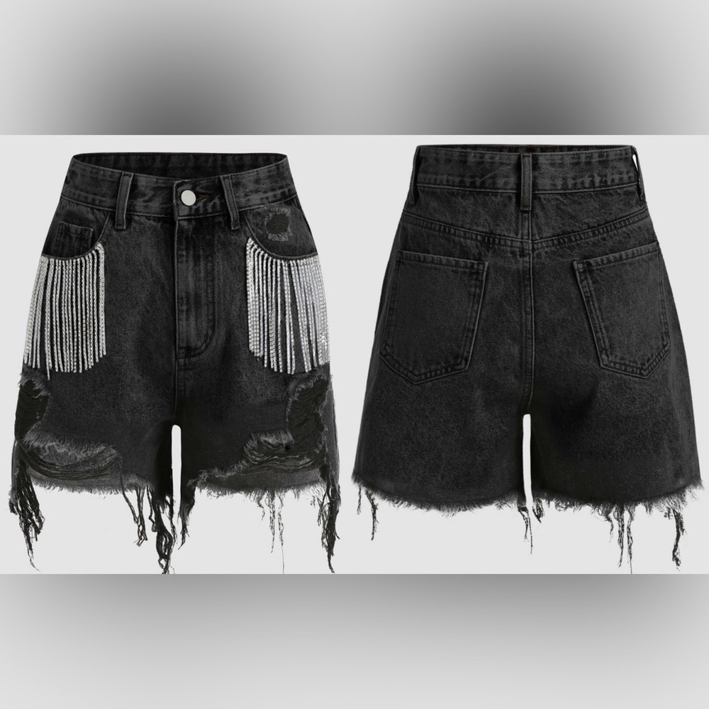 NWT CASHMERE & CHAMPAGNE DIAMOND TASSELS RIPPED DENIM SHORTS Sz. S